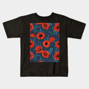 Poppies, red and blue on navy Kids T-Shirt